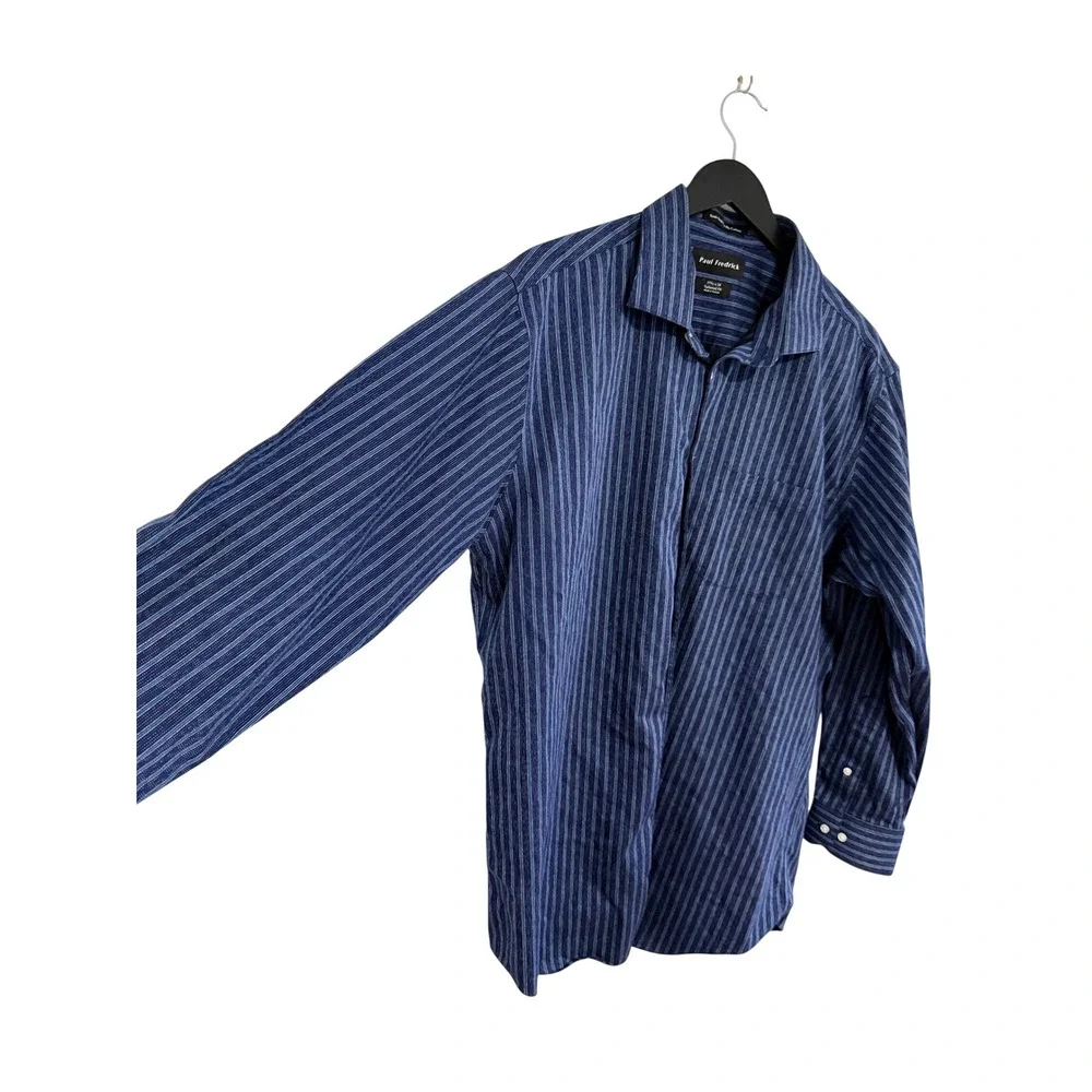 Paul Fredrick Tailored Fit Button Down Shirt Size 17.5 34 Navy Blue Striped EUC